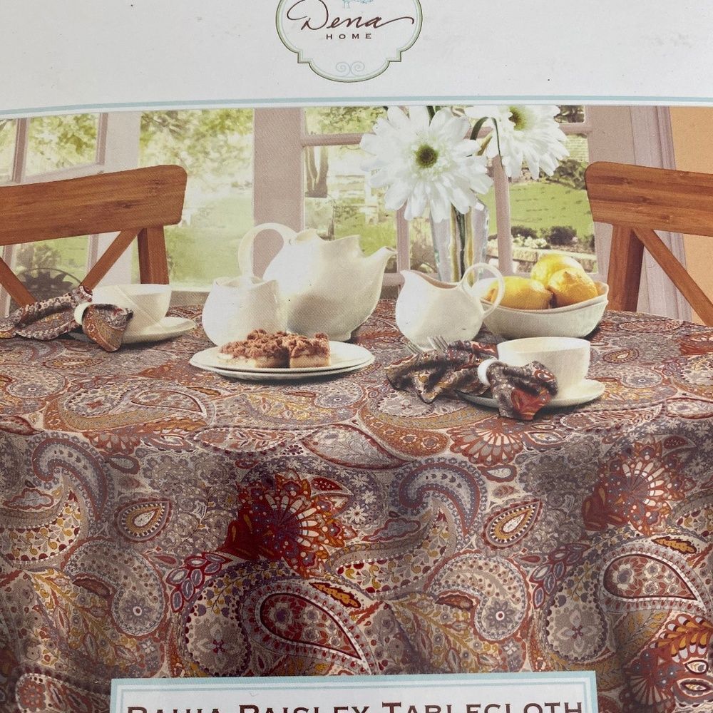 Dena Home round tablecloth Bahia Paisley 70" gold orange gray cream